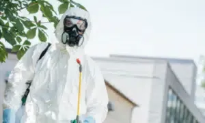 disinfestatore in tuta bianca con maschera in un'abitazione