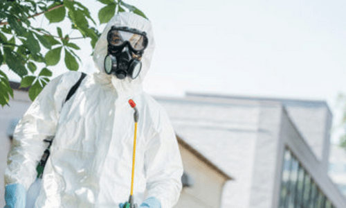 disinfestatore in tuta bianca con maschera in un'abitazione